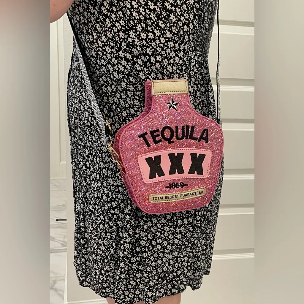 Tequila Bottle Novelty Purse with Adjustable Embroidered Crossbody Strap Pink - Image 5