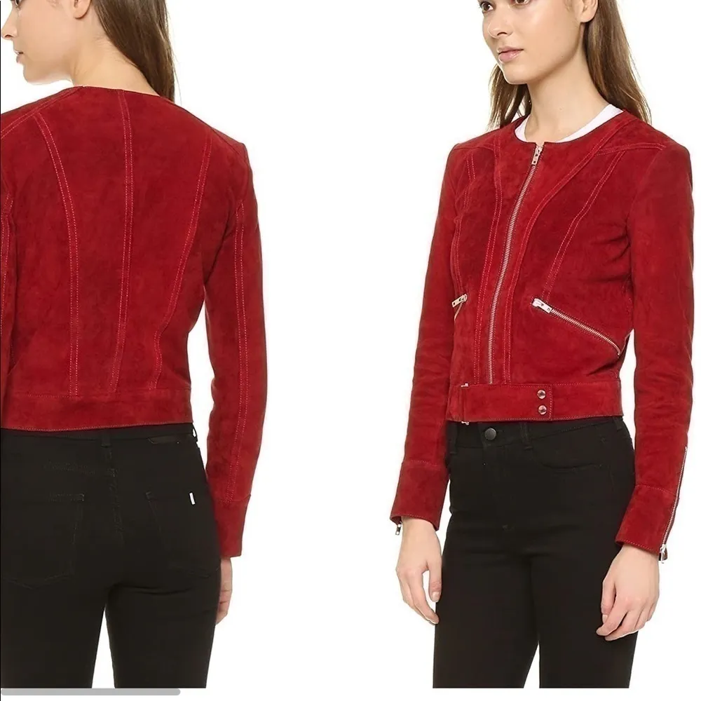 IRO Tatiana Red Suede Leather Jacket Silver Zippers Buckle Belt Fall Size 8 (40) - Image 3