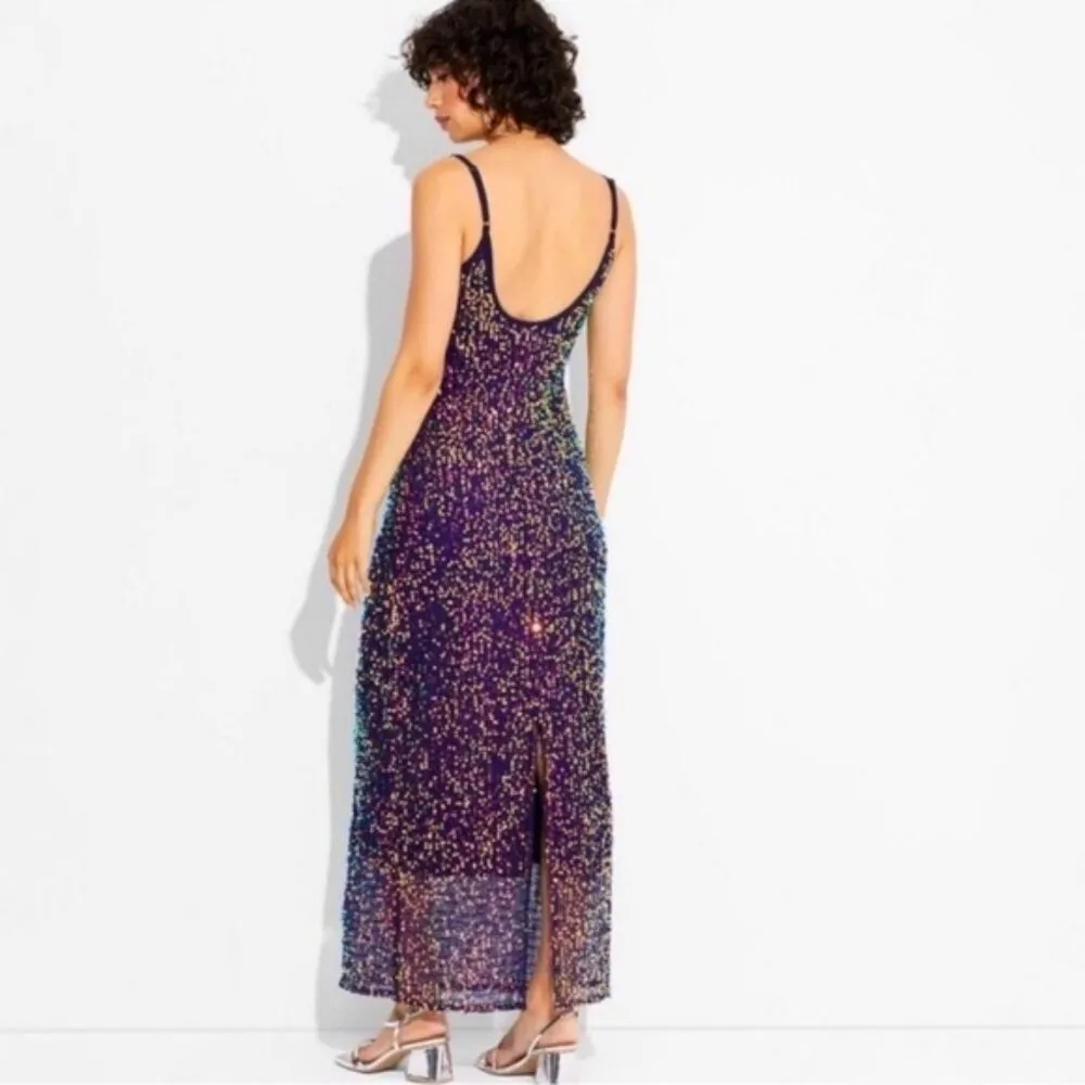 Wild Fable Navy Blue Rainbow Sequins Sleeveless Stretch Maxi Dress S NWOT - Image 3