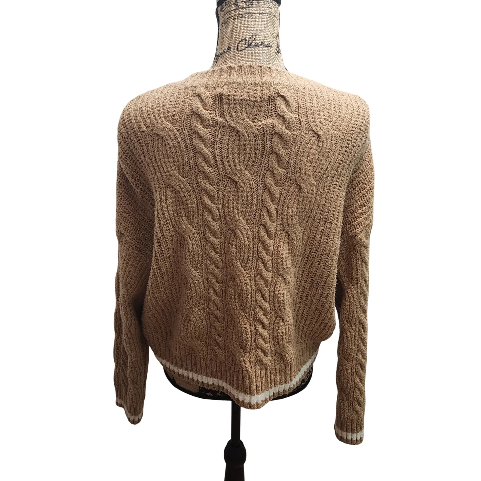 American Eagle Womens Sweater Cable Knit Crewneck Tan Cream Striped M Size M - Image 2