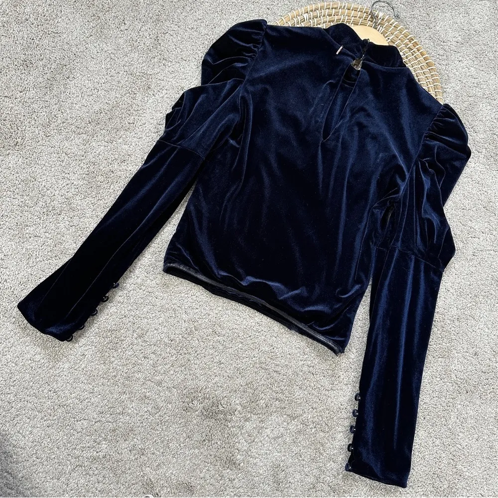 Misa Los Angles Dita Velvet Top Puffed Longsleeve Mock Neck Whimsigoth in Navy M - Image 6