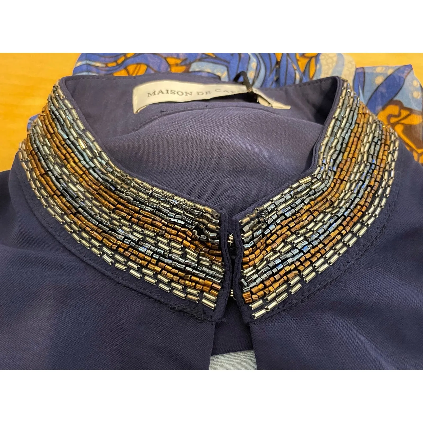 Maison de Cafune Blouse Small Blue Sea Beaded Regency Office Luxury Boho NWT - Image 4