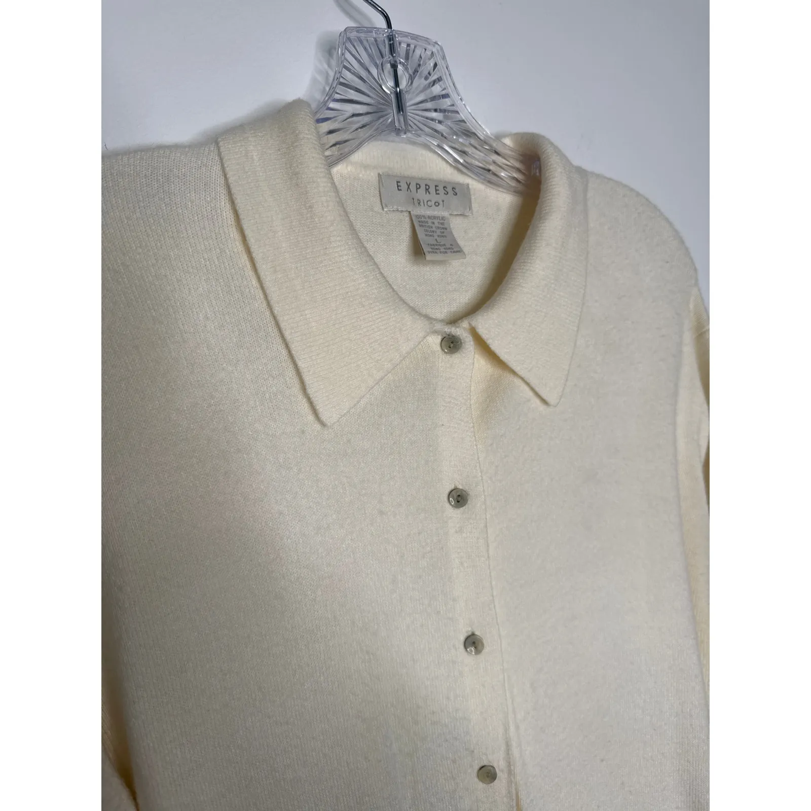 Vintage 70s Express Tricot Ivory Collared Cardigan Sweater Hong Kong Medium - Image 7
