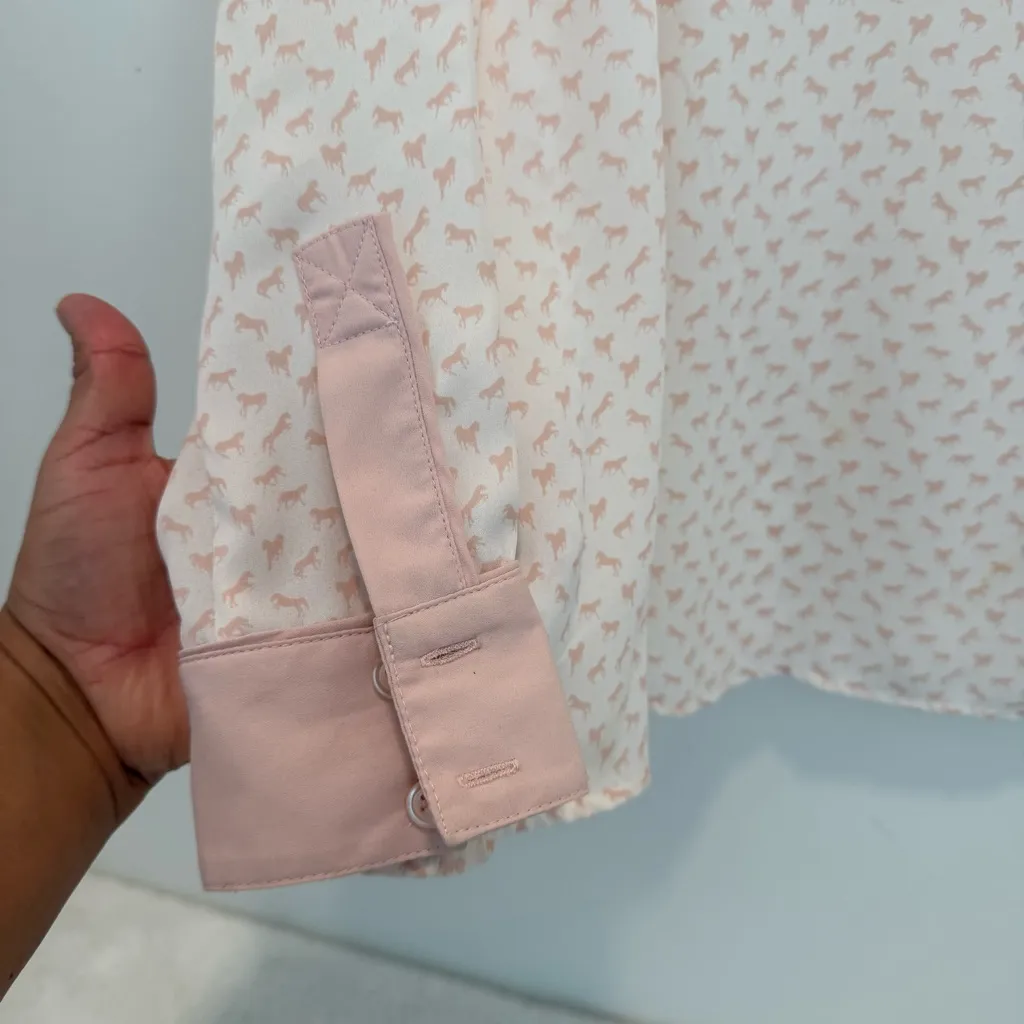 Free People White & Pink Horse Print Button Up Long Sleeve Sheer Blouse XS - Image 5