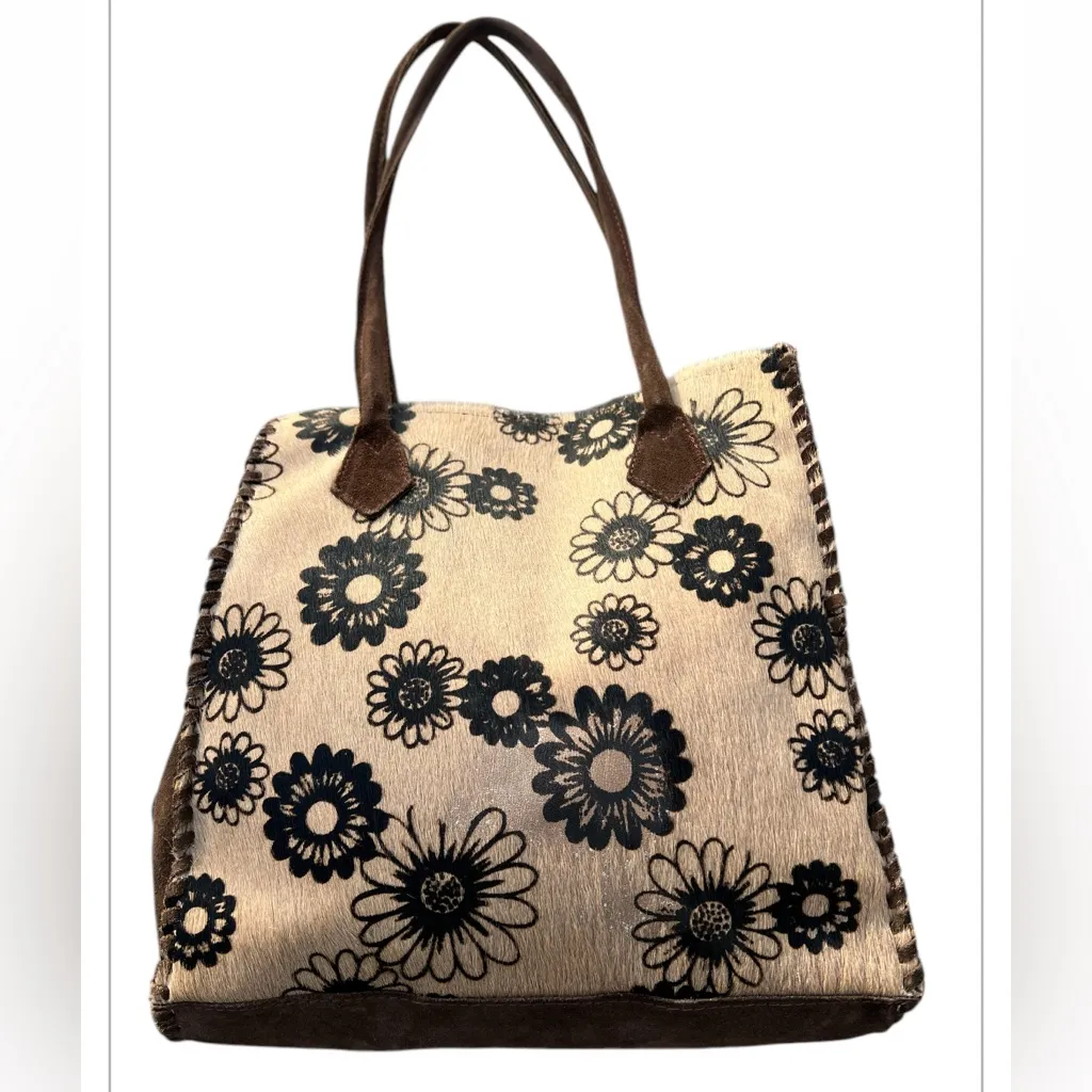 Cecconi Piero Womens Tote Leather Calf Hair handbag Floral Boho‎ Western Italy Brown - Image 2