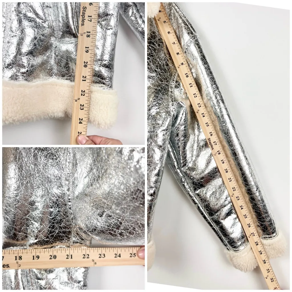 BLANK NYC Silver Metallic Faux Shearling Aviator Jacket Cozy Moto Zip SZ L - Image 8