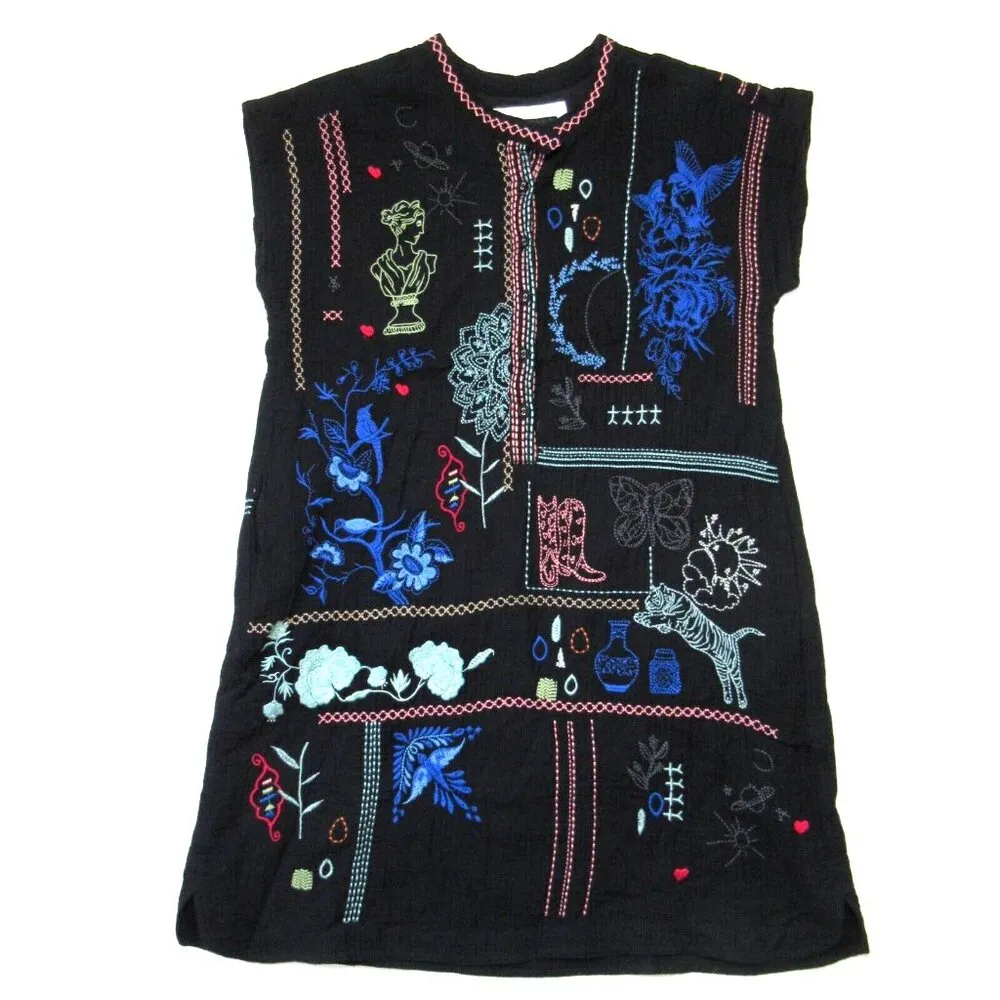 NWT Johnny Was Nahmad in Black Embroidered Cotton Gauze Shift Dress XS $270 - Image 2