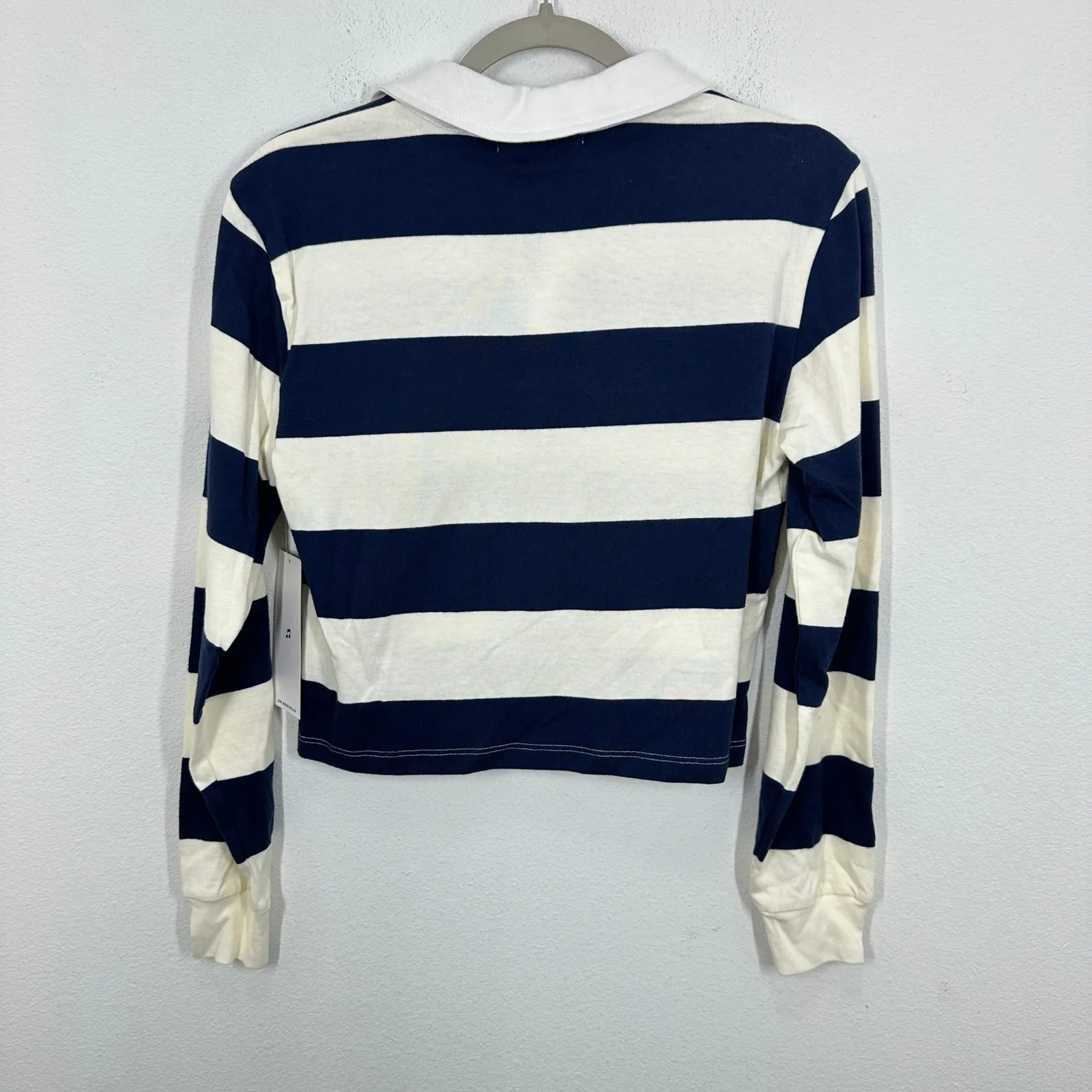 Vinyl Icons Navy Cream Stripe Rugby Shirt 96 Applique Long Sleeve Cropped Top White - Image 8