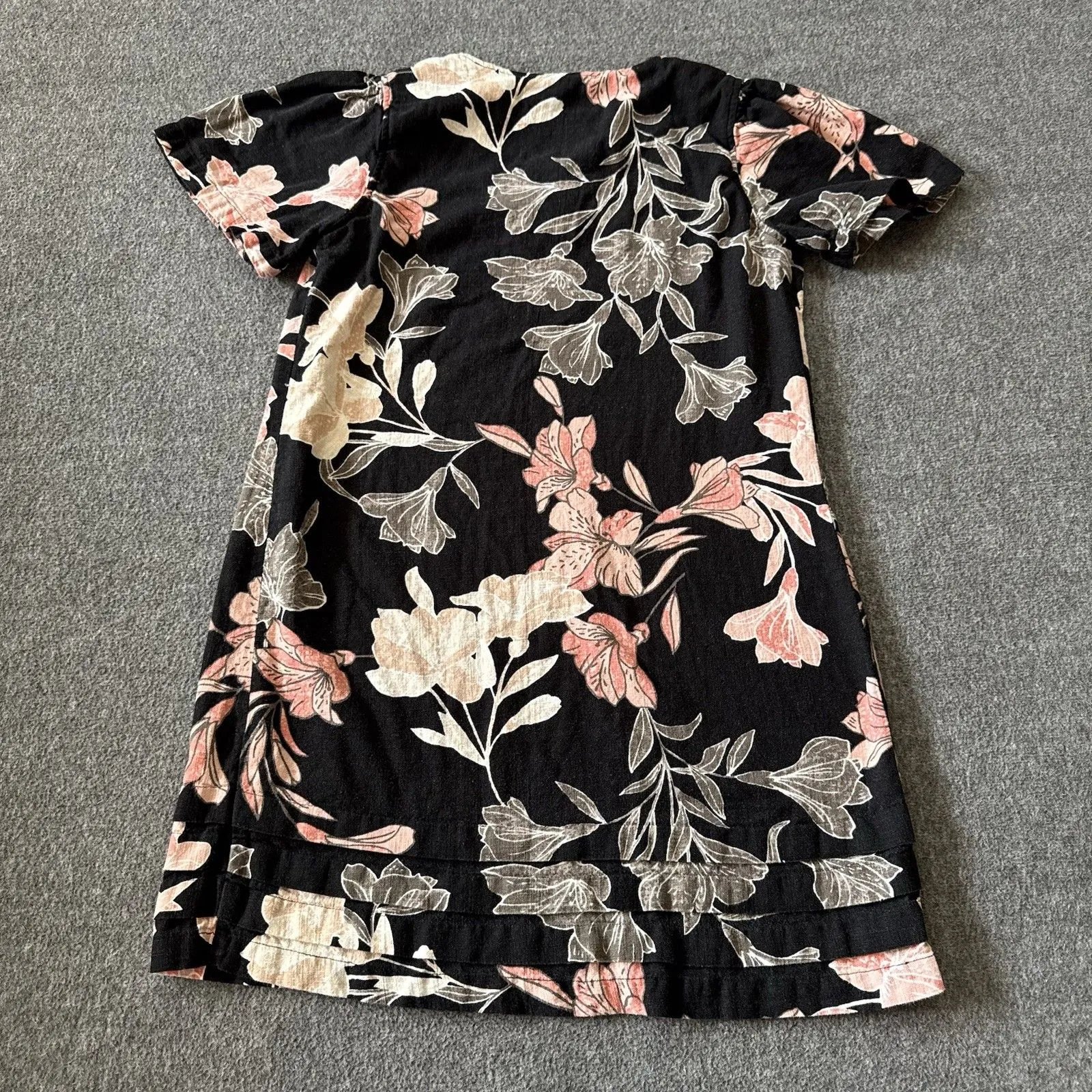 Nicole Miller Dress Womens Small Linen Black Floral A Line Tiered Trim V Neck - Image 2