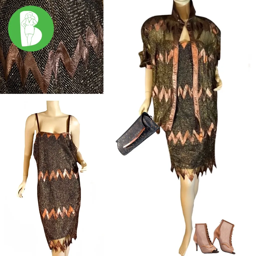 VINTAGE 1980'S KANAR LEATHER AND MESH SHARK BITE HEM COCKTAIL DRESS & JACKET (M) Brown Size M - Image 2