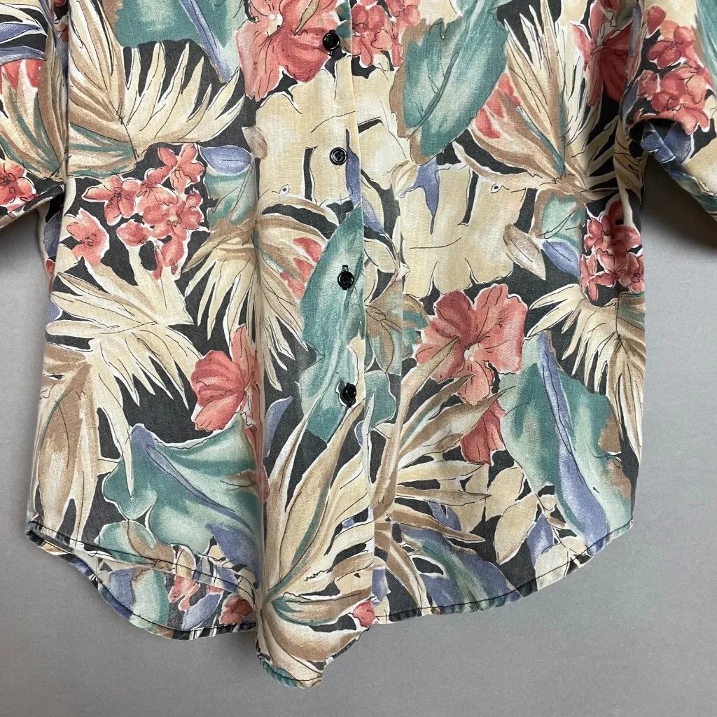Vintage Tropical Shirt Women Lightweight Hawaiian FLAWS Muted Tones Palm Leaves Tan Size L - Image 4