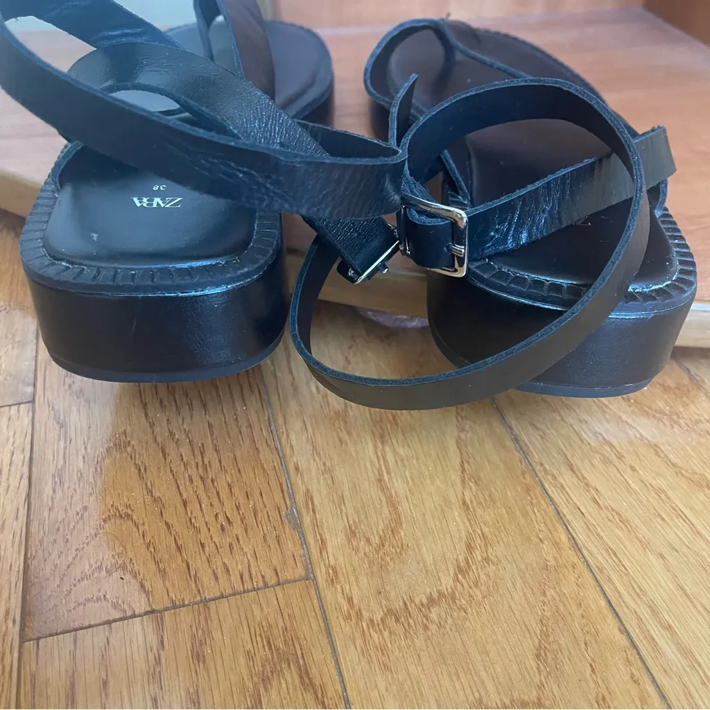 Zara Black Leather Ankle Strap Thong Sandals - Minimalist - Size 38 (US 7.5) - Image 8
