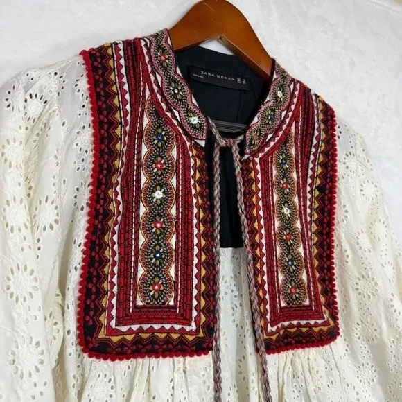 Zara XS Embroidered‎ Aztec White Tied Top Mirror PomPom Boho Beach Vaca Summer - Image 2