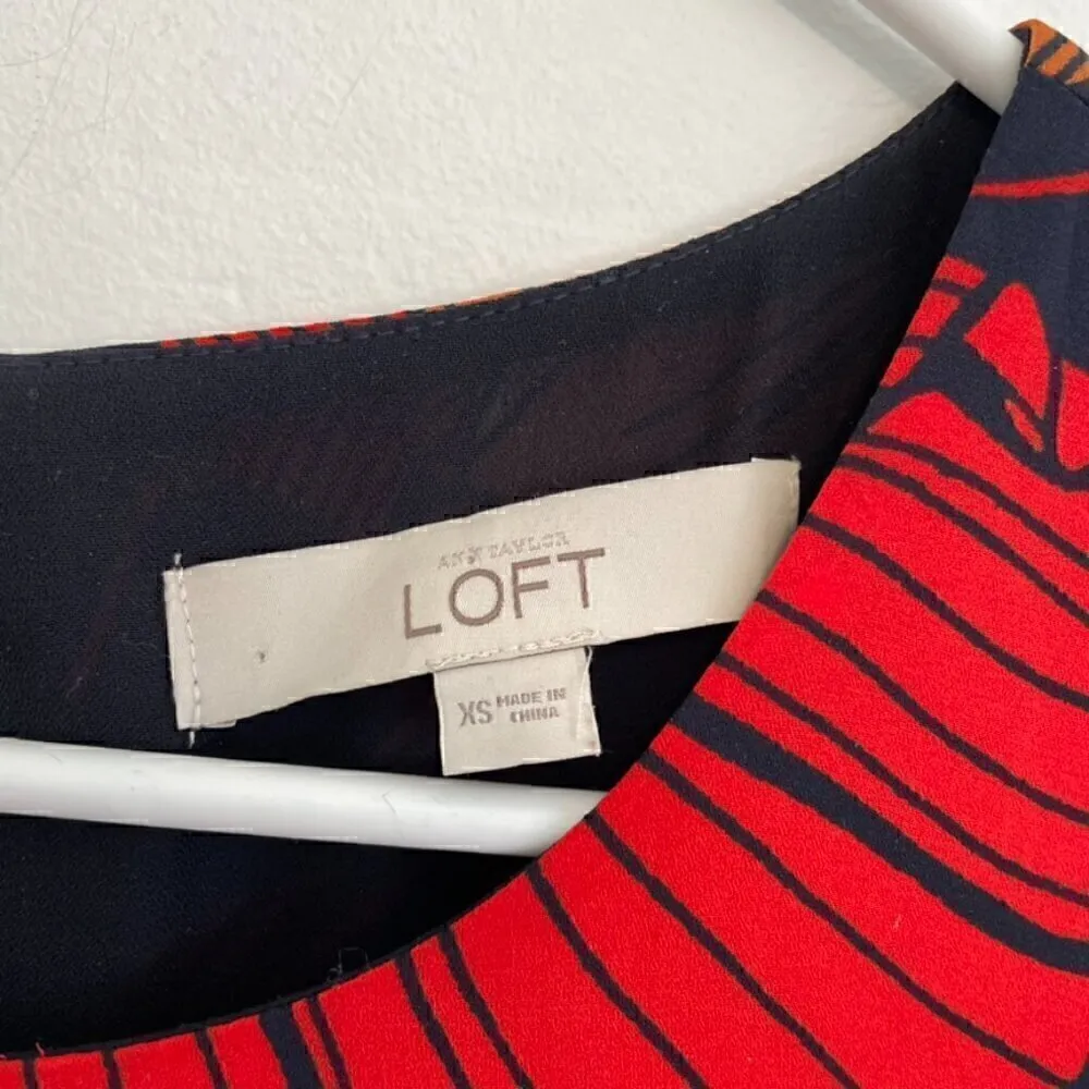 ANN TAYLOR LOFT Autumn Blossom Flutter Dress Red Navy Blue Floral Midi NO BELT - Image 5