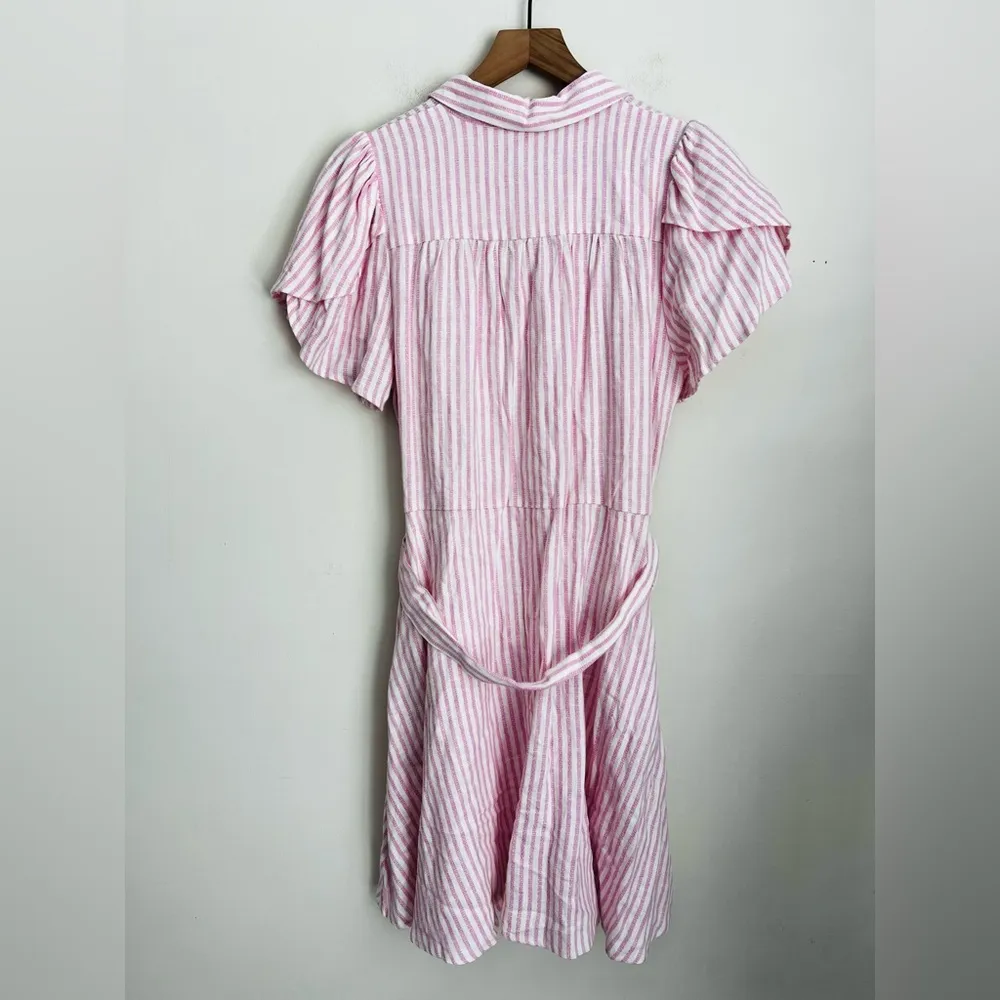 Alexis Target pink stripe Linen blend puff sleeve belted shirt dress tradwife S - Image 2