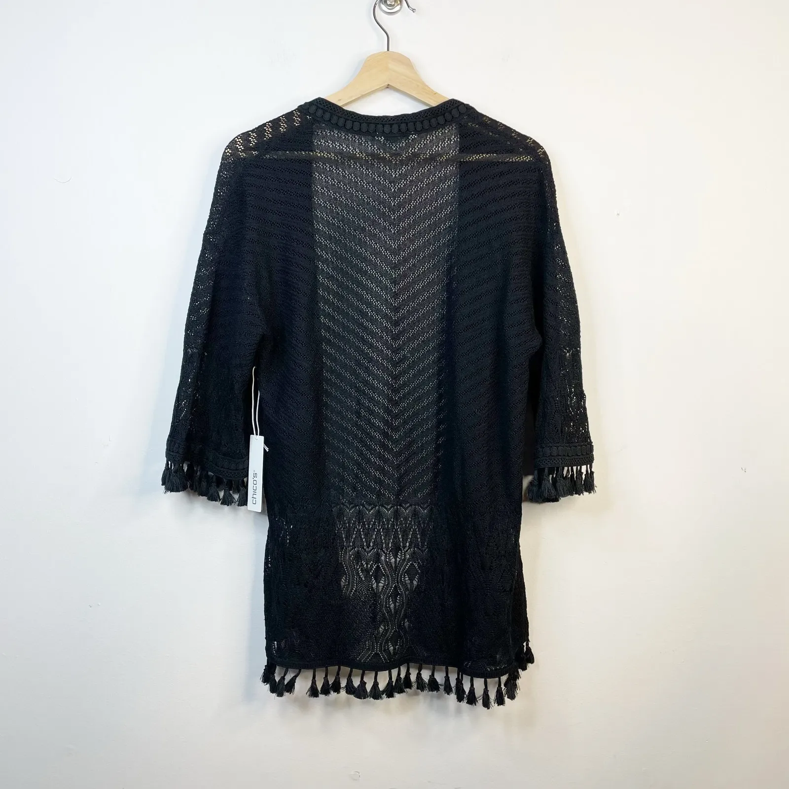 Chicos Tassel Trim Crochet Open Black Boho Cardigan Sweater Lightweight 0 S new - Image 7