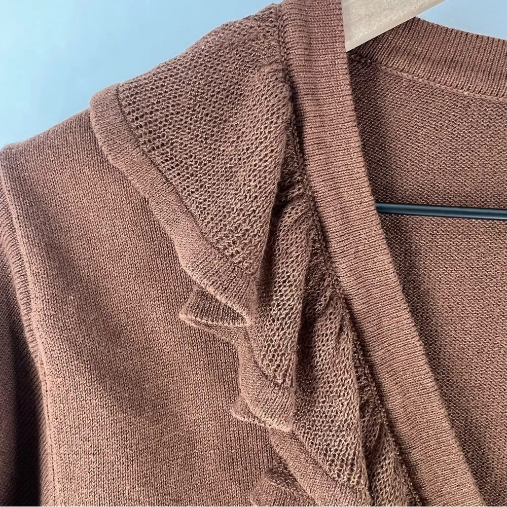 Coldwater Creek Brown Cotton Blend Ruffle V Neck Button Front Sweater Cardigan - Image 3