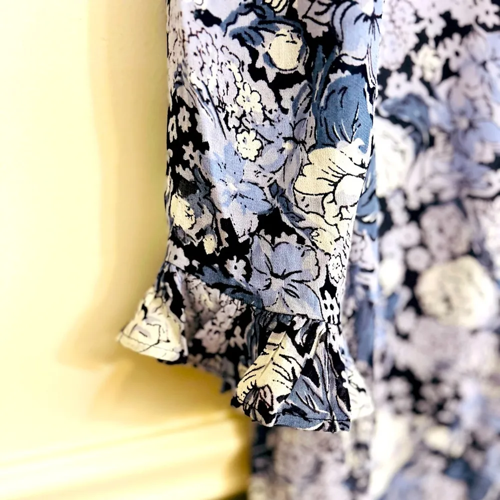 GANNI Elm Blue Floral Printed Ruffle Georgette Dress in Heather Size 4 Small - Image 6