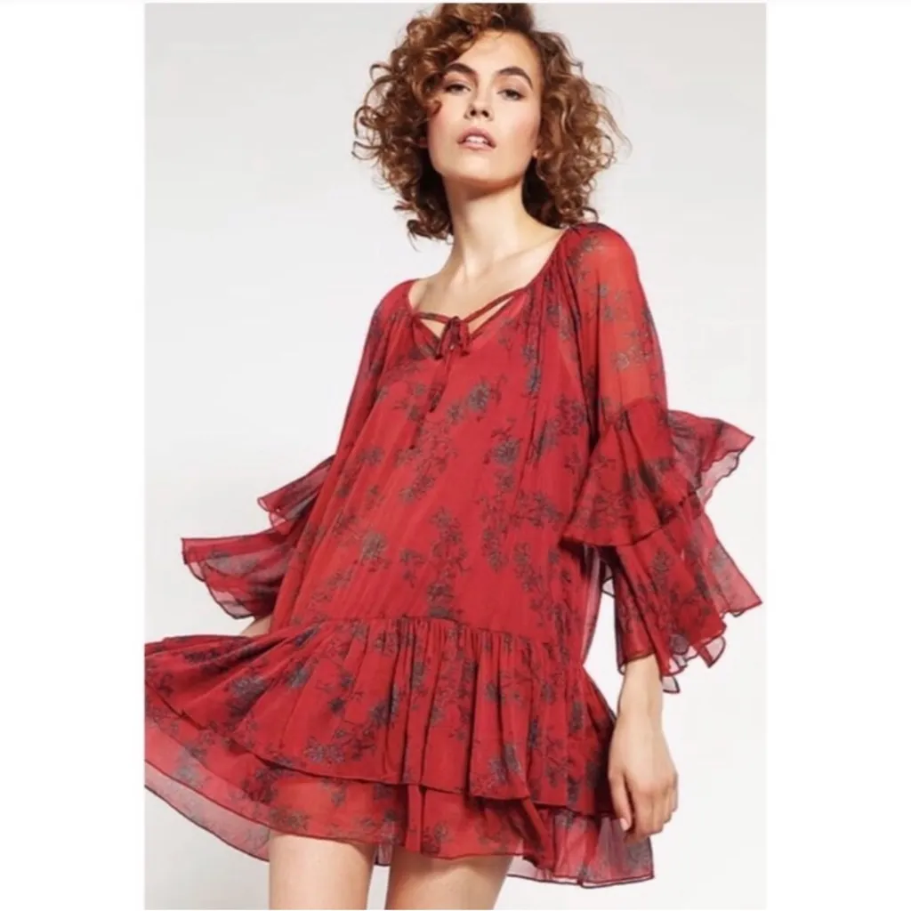 Free People Red Sunsetter Sheer Flowy Dress Sz L - Image 3