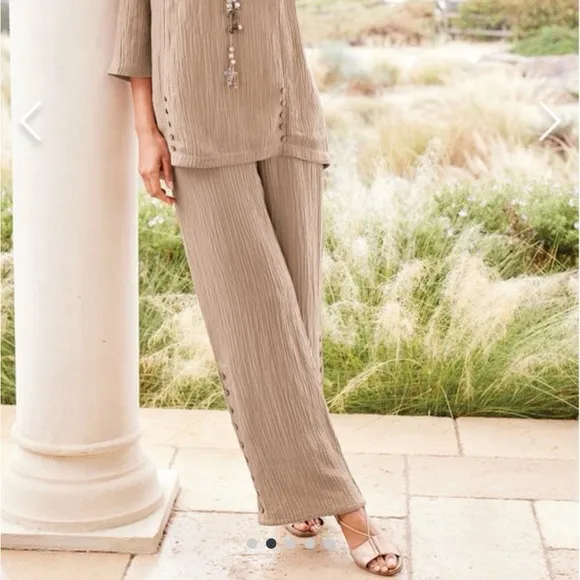 Soft Surroundings Oceo Gauze Wide-Leg Pants Pebble Taupe Size Medium - Image 2