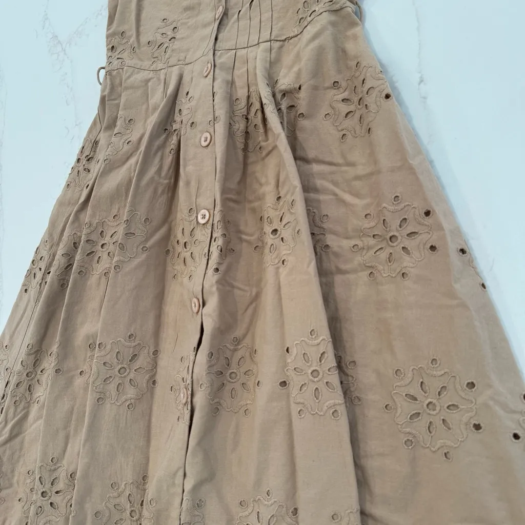Boden Sleeveless Eyelet Button Front Cottagecore Midi Dress Womens 2R Tan Preppy Size 2 - Image 4