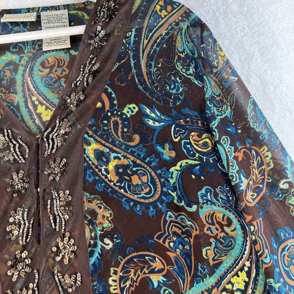 Y2k 2000s L Sheer Tunic Top V-Neck Sequin Beads Coquette Fairy Whimsy Bella Swan - Image 4