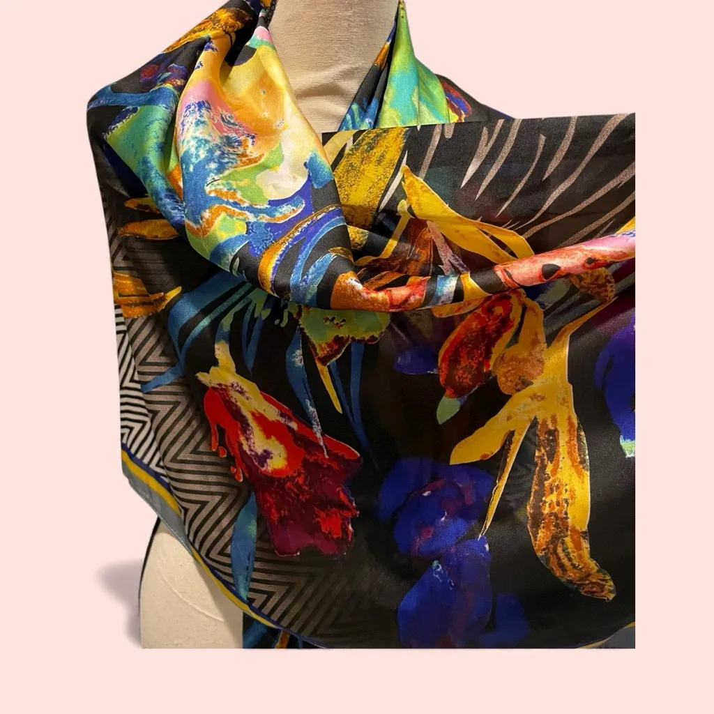 Beautiful silk blend oversized super huge abstract tropical zebra scarf 52 x 52 - Image 2