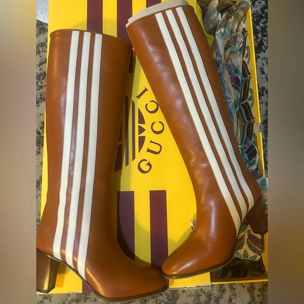 Gucci x Adidas Knee High Stripe Leather Boots Cognac size 37 - Image 7