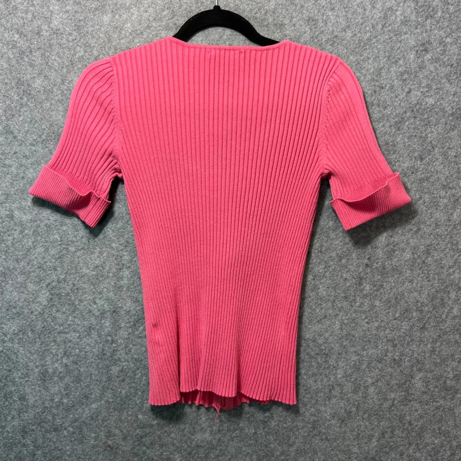 Belldini Y2K Pink Ribbed Knit Zip Front Rhinestone Short Sleeve Top Women Medium - Image 8