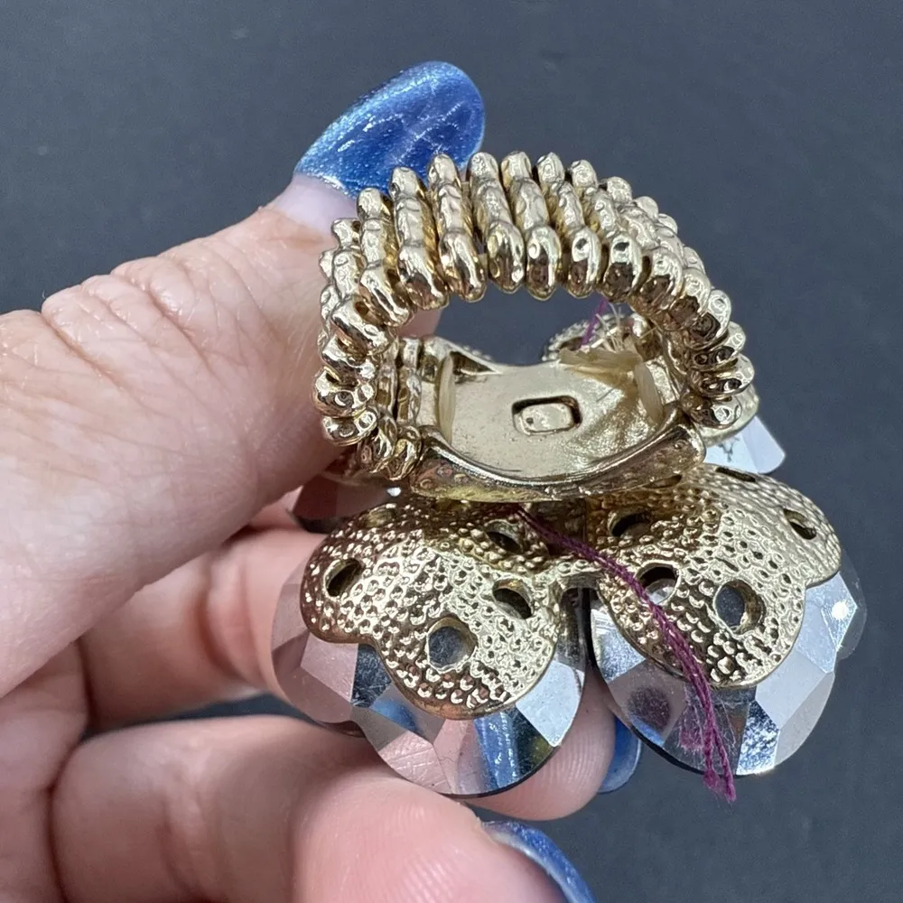Brand New Crystal Cocktail Flower Ring Big Vintage Ring Stretchy Band Brown - Image 14