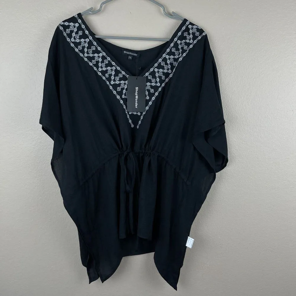 Embroidered Casual Summer Top Womens Size 2XL Black‎ VNeck Shirt Blouse Festival Black - Image 14