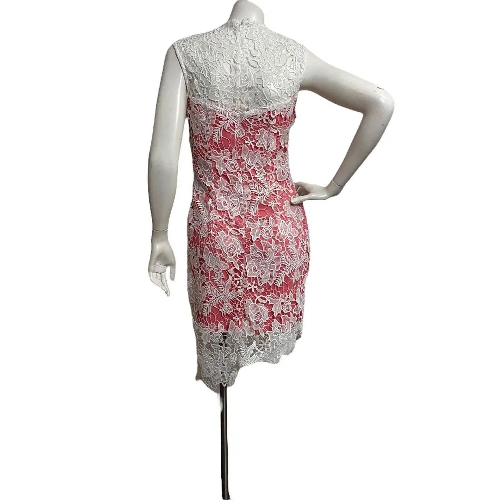 Bebe Peach White Asymmetrical Lace Hem Sleeveless Dress Cocktail Party size 4 - Image 4