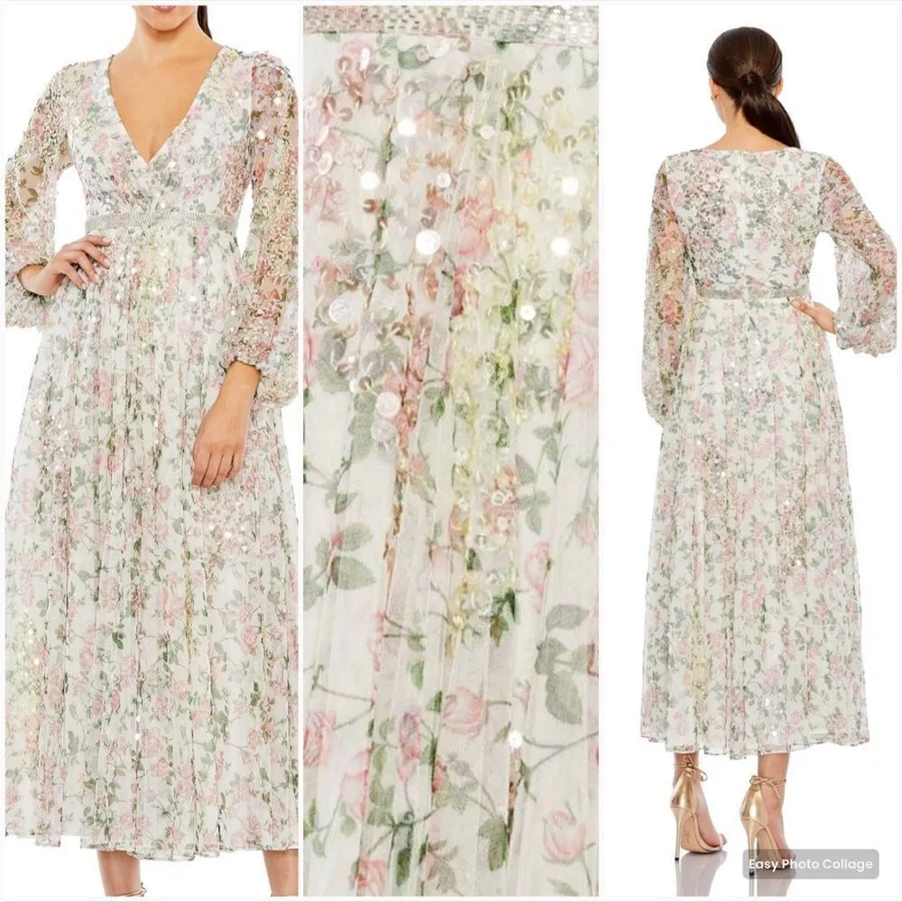 Mac Duggal 93788  Womens White Floral Print Faux Wrap Dress - Image 2