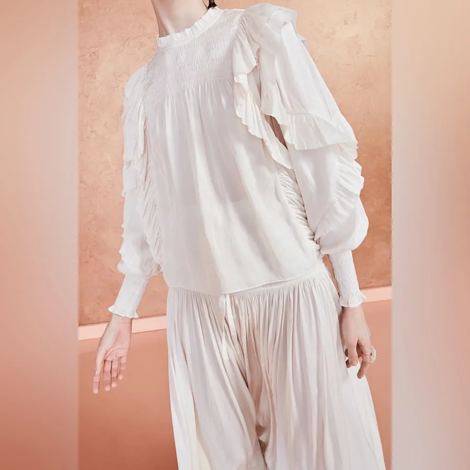 ULLA JOHNSON Jessamine Blouse Ivory Smocked Cascading Ruffles Mock Neck Size 4 - Image 5