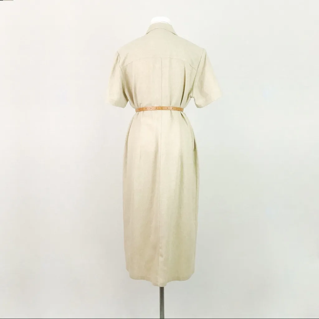 Vintage Button-Front Linen Day Dress in Beige | Size 8 - Image 6