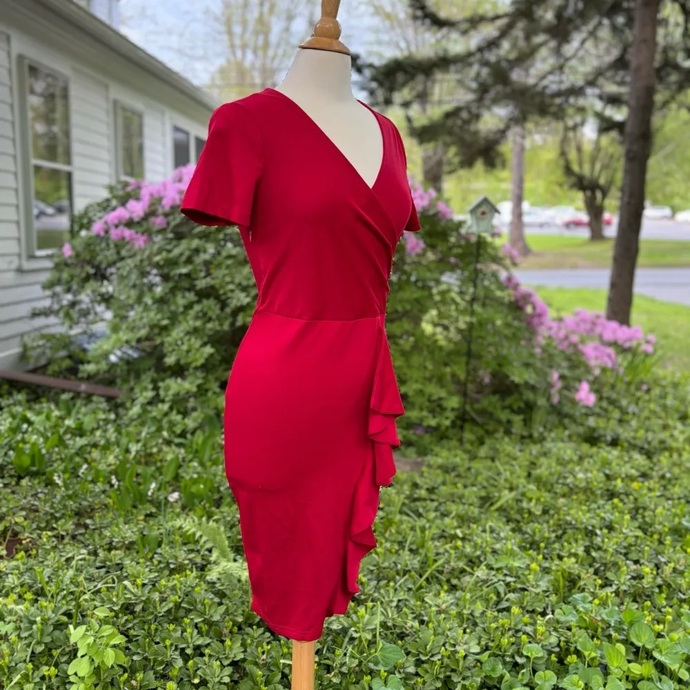 Red Ruffle Fitted Sheath Midi Dress - Image 3