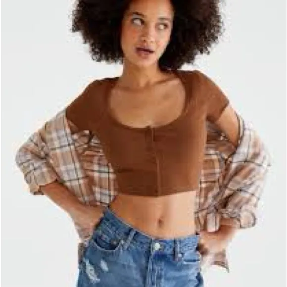 Aeropostale Y2K Brown Ribbed Buttoned Scoop-Neck Cardigan Tee Size Small - Image 3