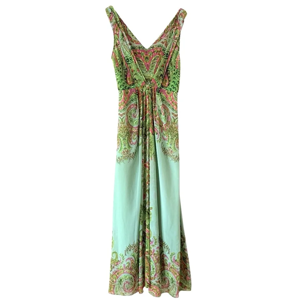 YOANA BARASCHI Silky Sleeveless Maxi Dress Paisley Boho Print Multi Color Size 8 - Image 2