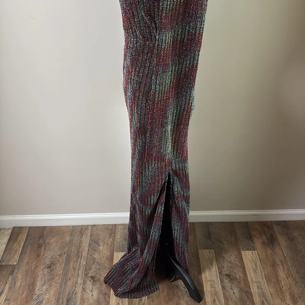 Dee Elly Metallic Stripe Cutout Back Long Bell Sleeve Maxi Dress Multicolor M - Image 7