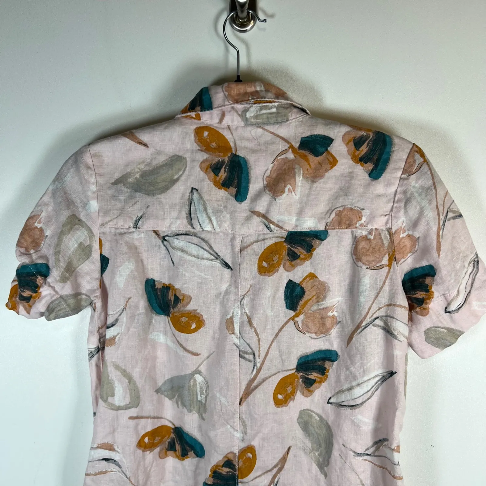 Rachel Zoe Linen Floral Shirt Dress Pink Mustard Short Sleeve Button Front XS - Image 7