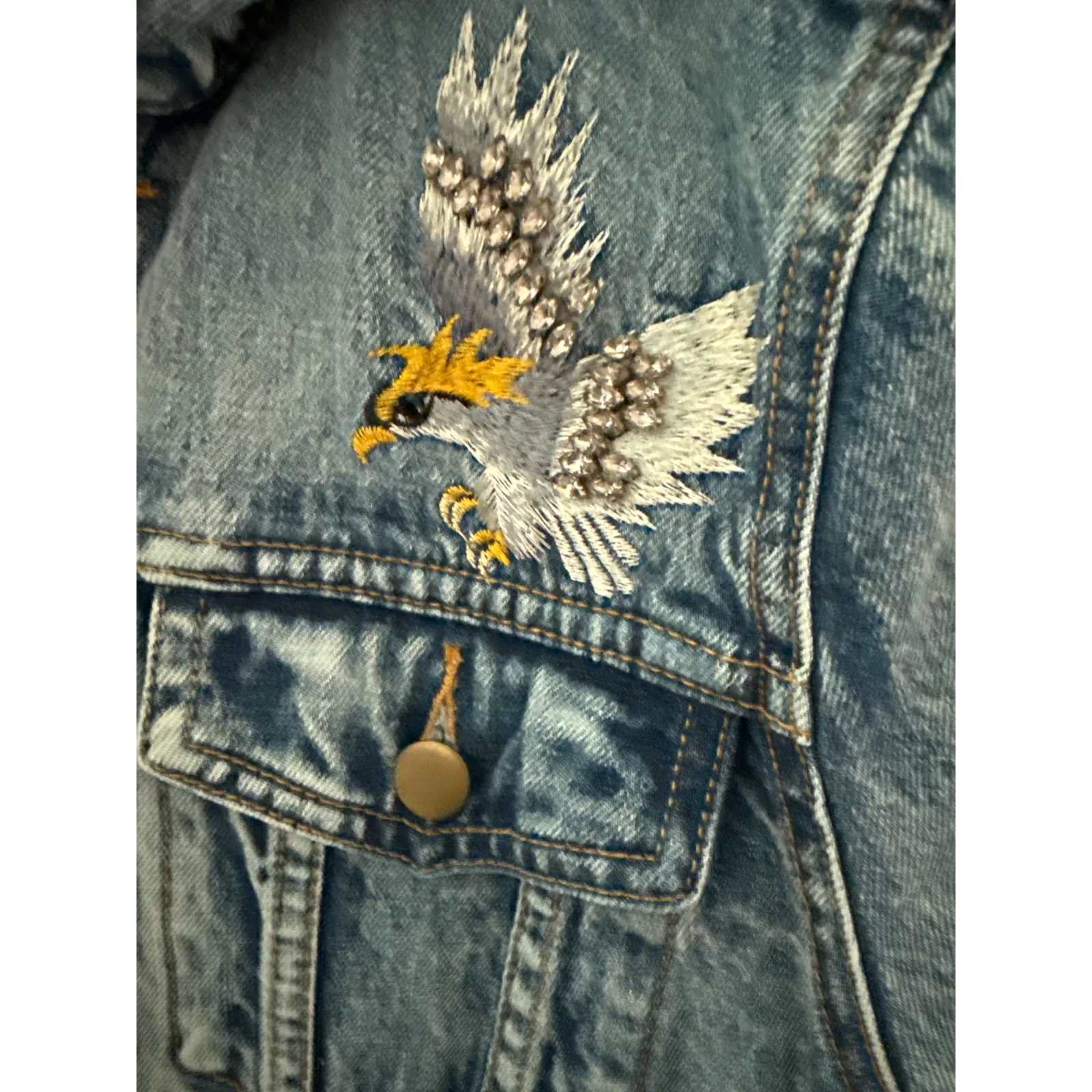 PAM & GELA Statement Denim Embroidered Jacket with Rhinestone Eagles Size Small - Image 7
