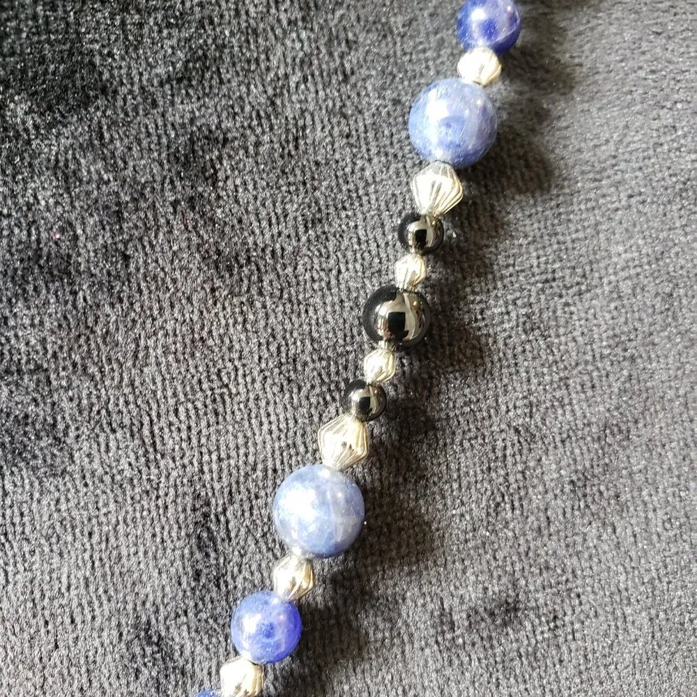 Womens Gold Tone Blue Jade Black Bead Celtic Trilogy Pendant Necklace w/ Lobster - Image 6