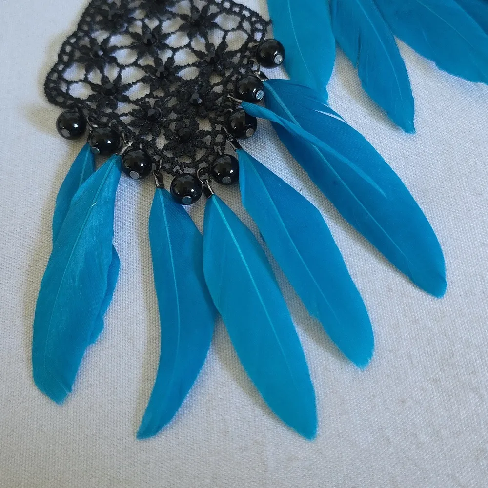 Statement Earrings Black Lace with Turquoise Blue Feathers - Image 3