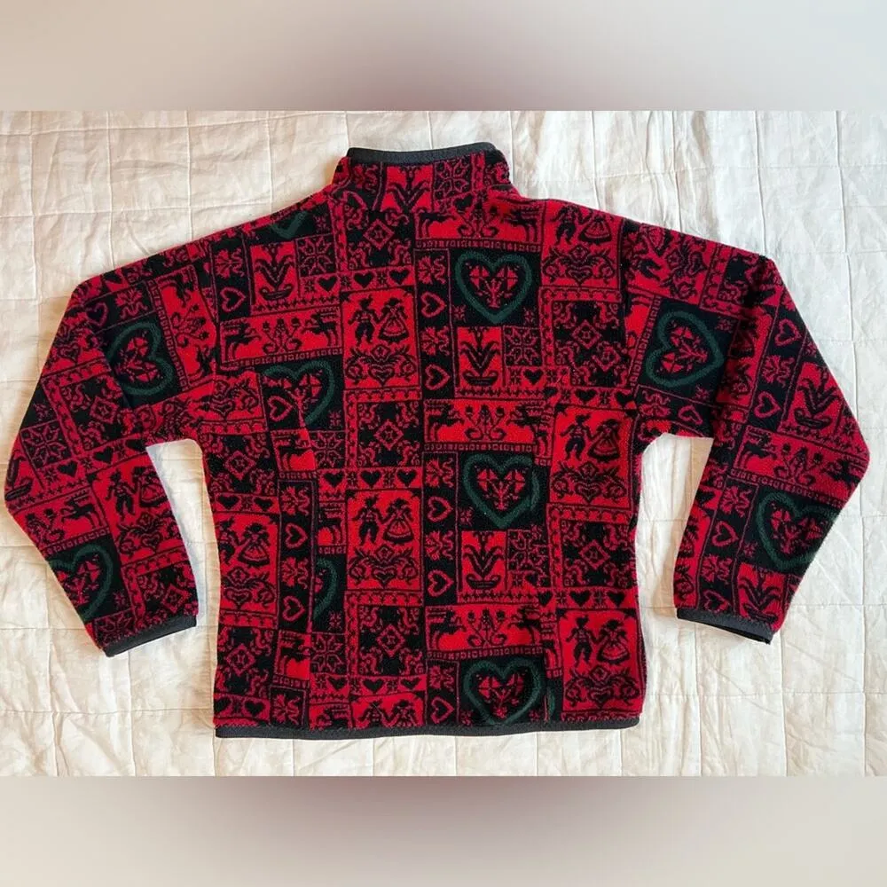 Vintage Obermeyer Red Black Scandinavian Nordic Graphic Fleece Button Jacket - Image 5