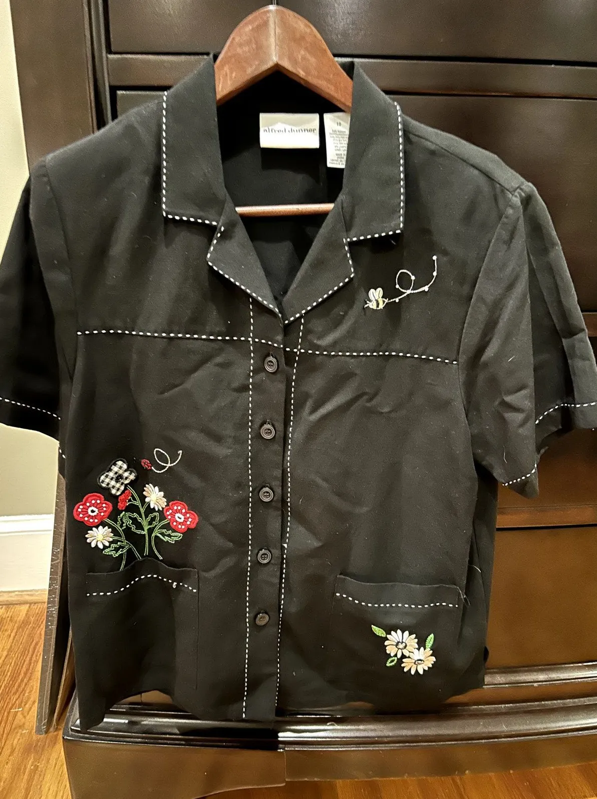 Vintage Alfred Dunner Size 10 Black Button Up Top Embroidered Details Flowers - Image 1