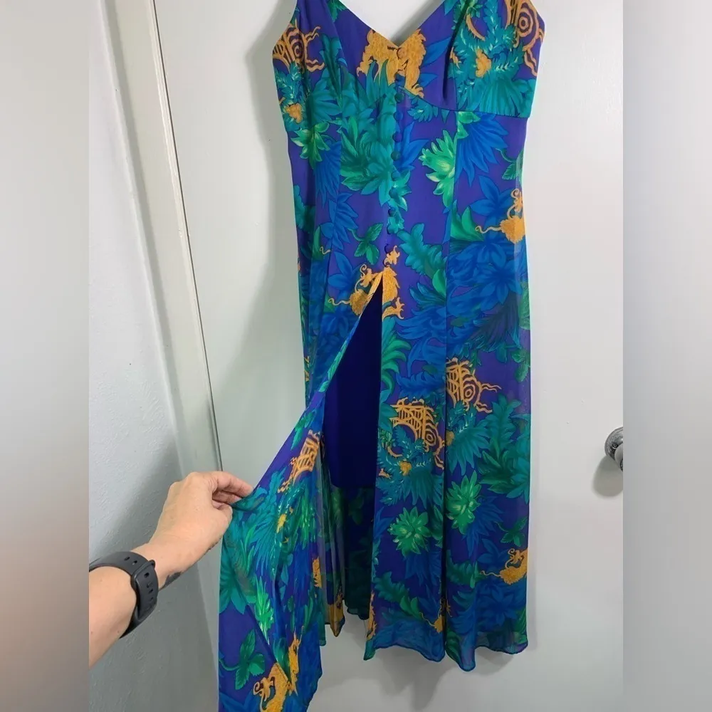 AJ Bari vintage spaghetti strap Hawaiian, tropical, floral print midi dress 8 Blue - Image 6