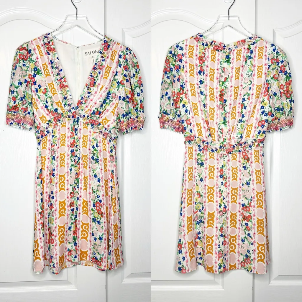 Saloni Lea Puff Sleeve Striped Floral Print Mini Dress Baby Pink Size US 4 - Image 6