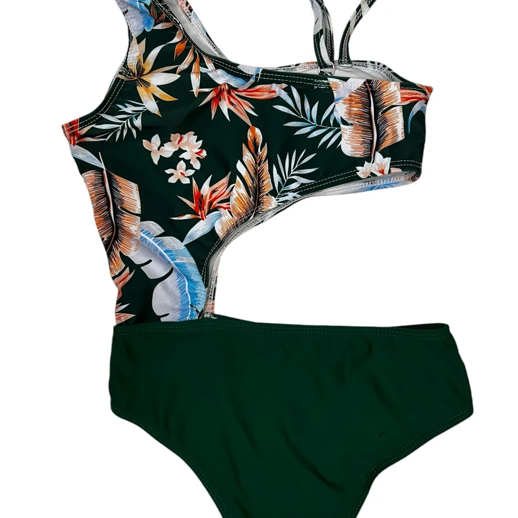 Swimwear One Piece Womens XS Teen Hawaiian Floral Print Green One Shoulder Beach - Image 2