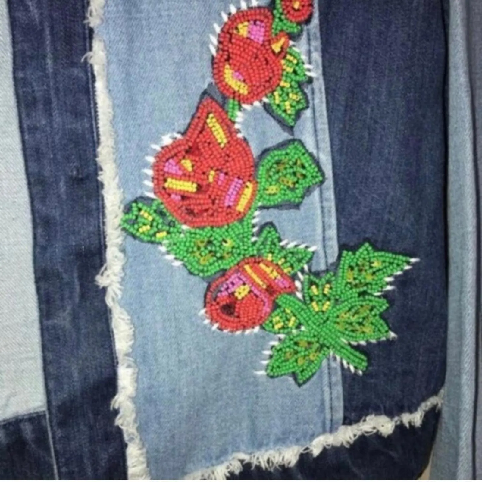 Relativity Beaded Rose Denim Patchwork Jean Jacket Blue Size M - Image 6
