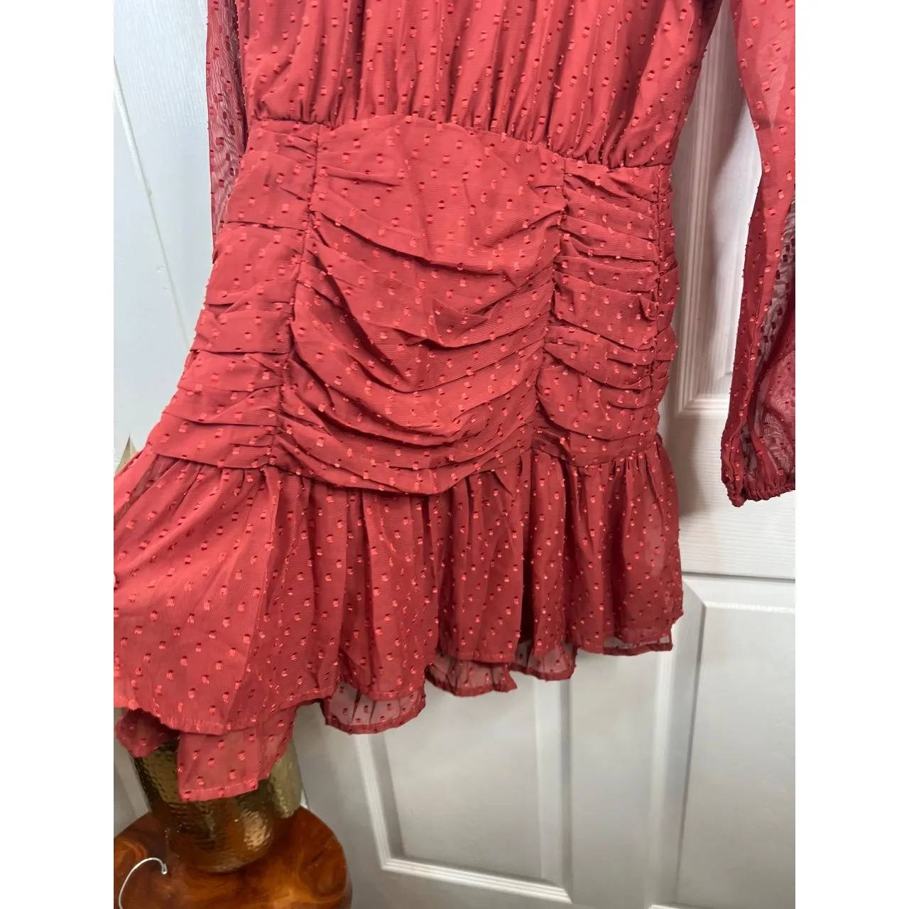 Floret Studios Mini Dress Womens Size S Rust Orange Swiss Dot Ruched Boho V Neck - Image 10